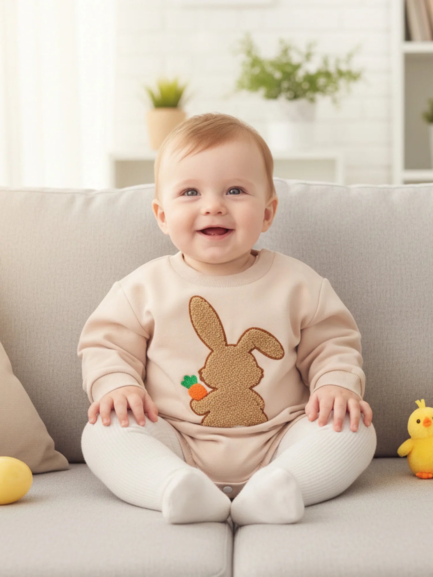 Baby Boys Girls Easter Romper Fashionable Cute Bunny Embroidery Long Sleeve Jumpsuit