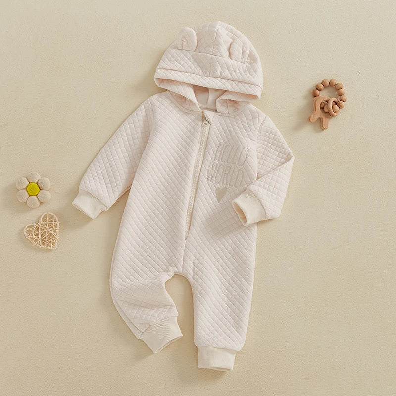 Baby Boys Girls Hello World Jumpsuit Long Sleeve Solid Hooded Hood with Ears Embroidery Letters Zipper Romper Clothes