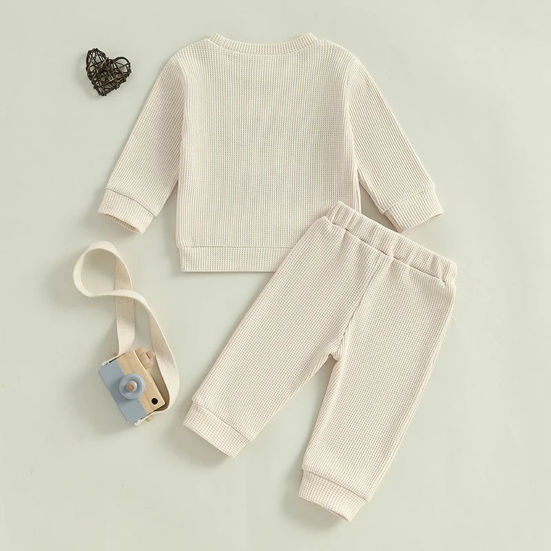 Baby Toddler Boys 2Pcs Lover Boy Valentine's Day Outfit Letter Embroidery Ribbed Long Sleeve Crew Neck Top with Drawstring Jogger Pants Valentines Set