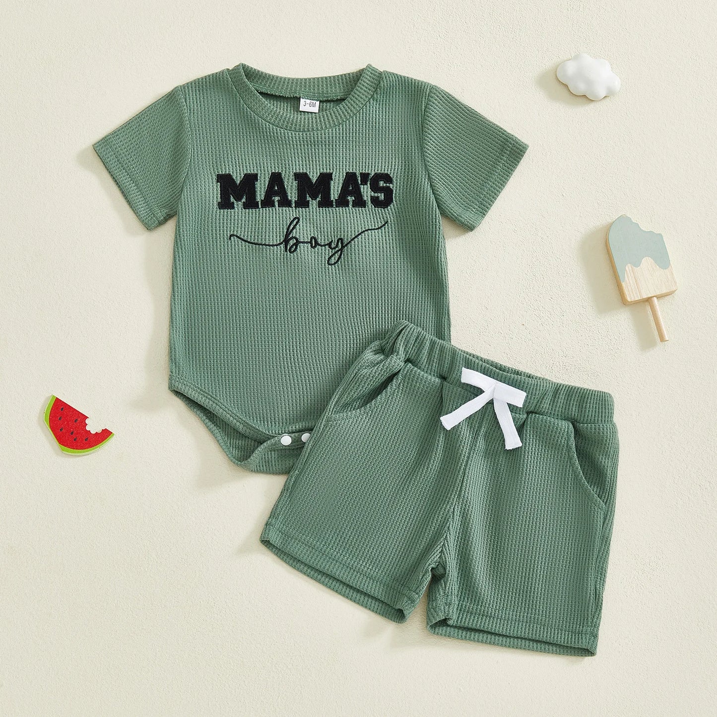 Baby Boys 2Pcs Mama's Boy Shorts Set Letter Embroidered Short Sleeve Romper and Shorts 2 Piece Waffle Knit Summer Outfit