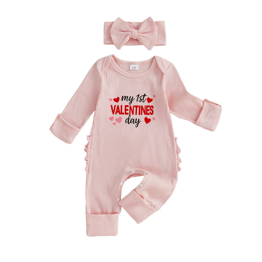 Baby Girl 2Pcs My 1st Valentines Day Outfit Letter Love Heart Print Crew Neck Long Sleeve Romper and Bow Headband Set