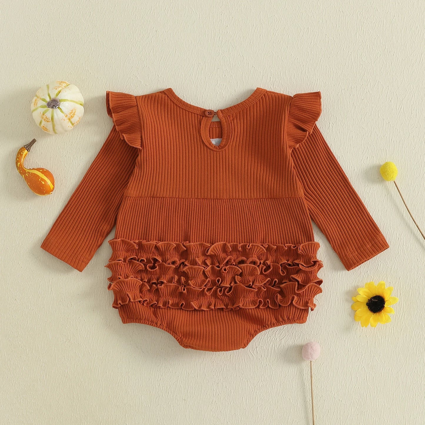 Baby Girl Pumpkin Embroidered Jumpsuit Halloween Fall Long Sleeve Round Neck Ruffle Romper