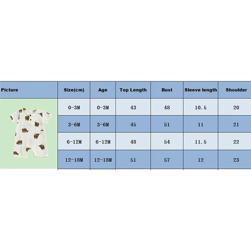 Baby Boys Girls Summer Cattle Cow Print Jumpsuit Short Sleeve Round Neck Button Up Casual Romper