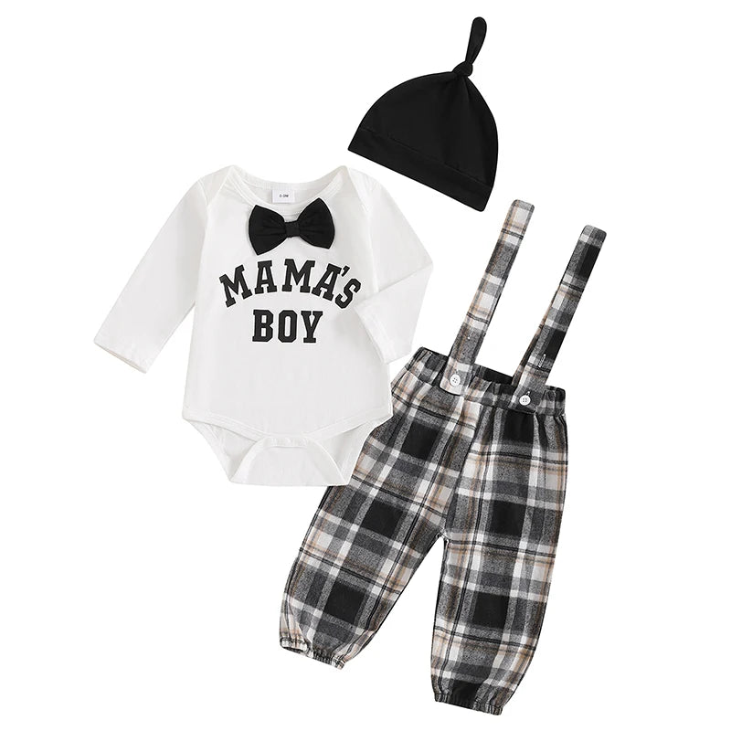 Baby Boys 3Pcs Mama's Boy Gentleman Outfit Long Sleeve Letter Embroidery Romper Bowtie Plaid Suspender Pants Beanie Hat Set