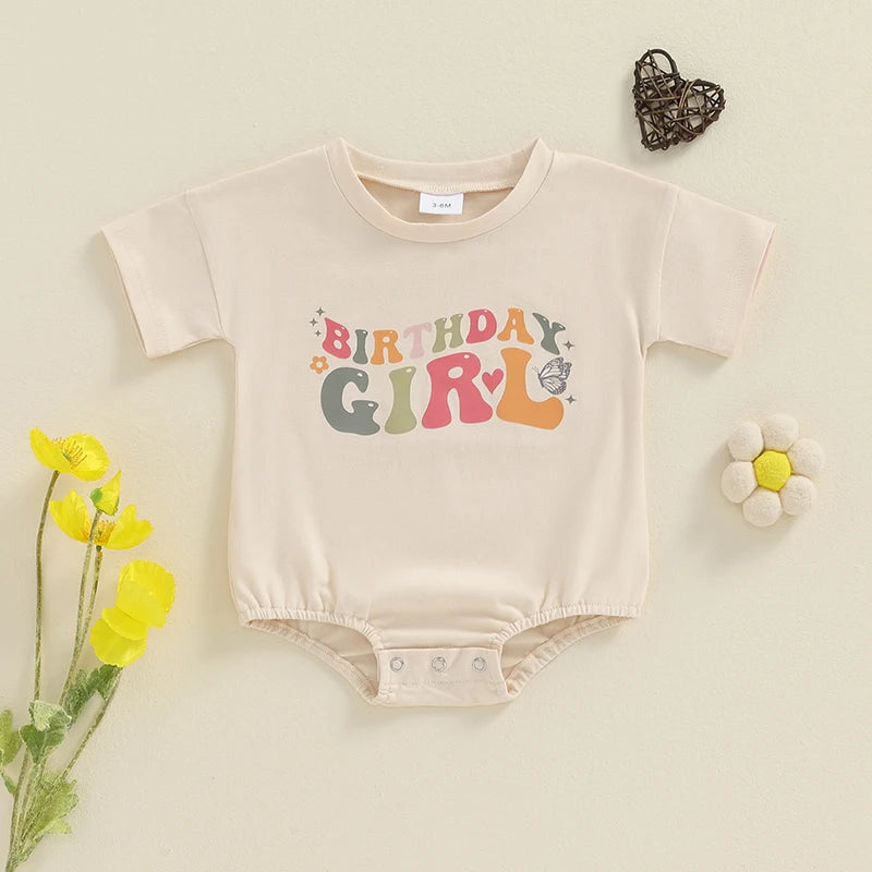 Baby Girl Birthday Romper Short Sleeve Round Neck Letter Butterfly Print Bodysuit Playsuit