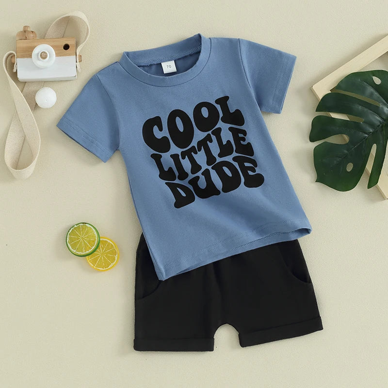 Toddler Baby Boy 2Pcs Cool Little Dude Short Sleeve Letters Top Solid Shorts Set Casual Outfit