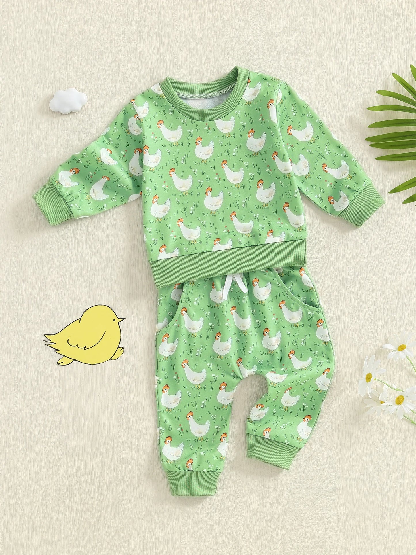 Baby Toddler Boys Girls 2Pcs Fall Outfit Long Sleeve Farm Chicken Print Top Jogger Pants Set