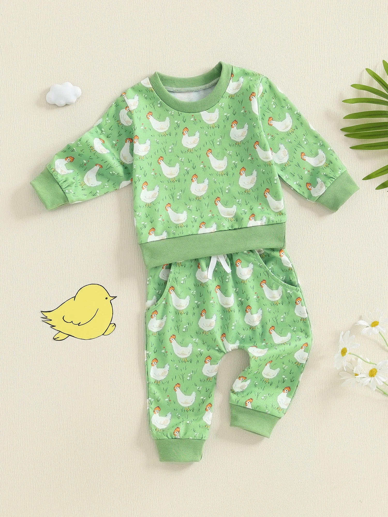 Baby Toddler Boys Girls 2Pcs Fall Outfit Long Sleeve Farm Chicken Print Top Jogger Pants Set