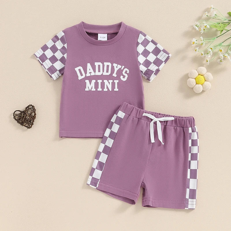 Baby Toddler Girl 2Pcs Daddy's Mini Summer Outfit Letter Print Checkerboard Short Sleeve Top with Elastic Waist Shorts Clothes Set