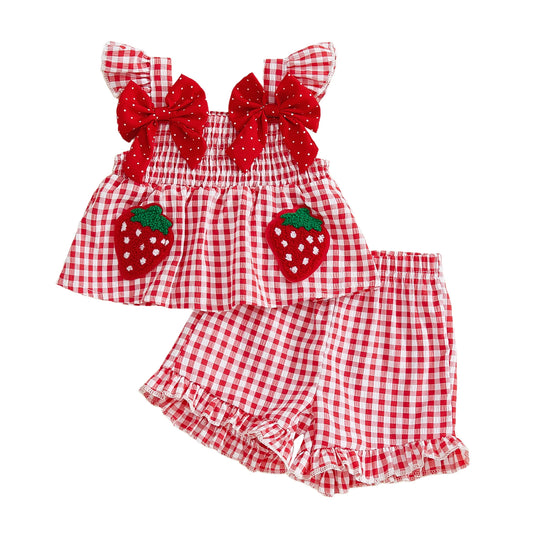 Baby Toddler Girls 2Pcs Spring Summer Outfit Strawberry Embroidered Plaid Bows Ruffled Trim Tank Top and Shorts Set