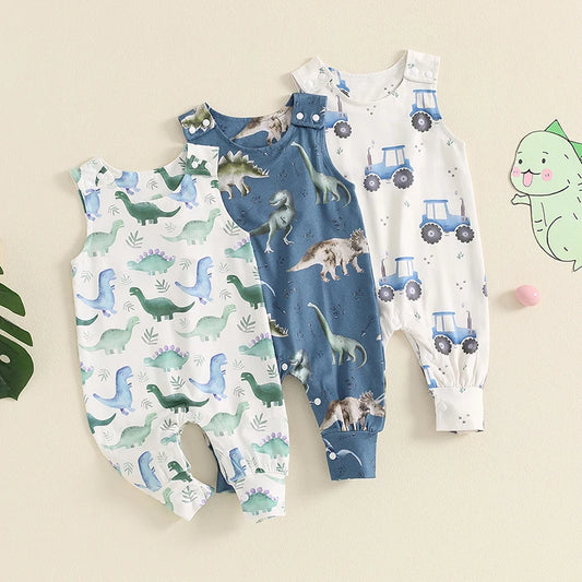 Baby Boys Romper Overalls Casual Summer Dinosaur/Tractor Print Sleeveless Jumpsuit