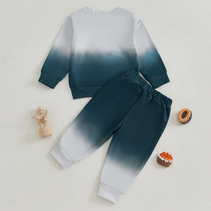 Baby Toddler Boys 2Pcs Fall Outfit Gradient Color Long Sleeve Crewneck Top and Long Pants Jogger Set