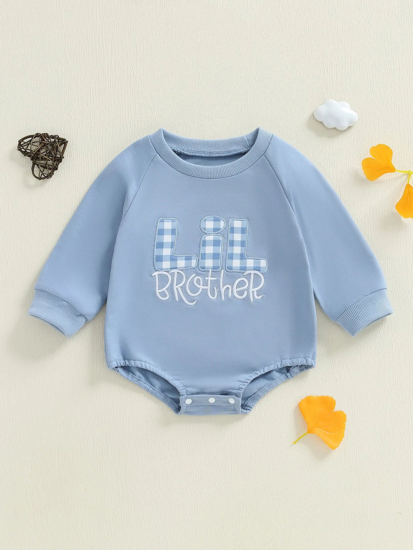 Baby Boy Lil Brother Fall Winter Romper Loose Fit Letter Plaid Embroidered Crew Neck Long Sleeve Jumpsuit