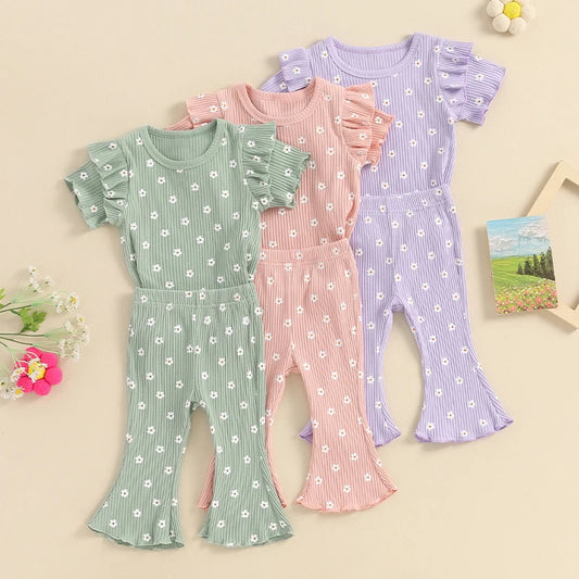 Baby Toddler Girls 2Pcs Clothes Set Flower Print Short Sleeve Crew Neck Top Frilly Sleeve with Flare Pants Set Outfit