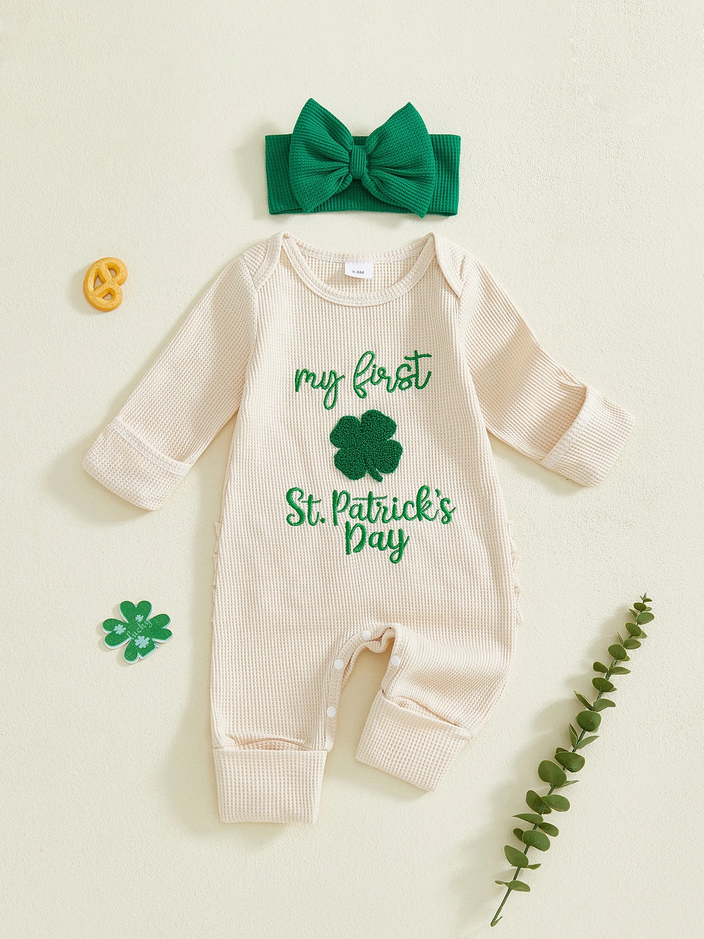 Baby Girl 2Pcs My First St. Patrick's Day Spring Romper Long Sleeve O Neck Letter Clover Embroidery Jumpsuit with Headband Set