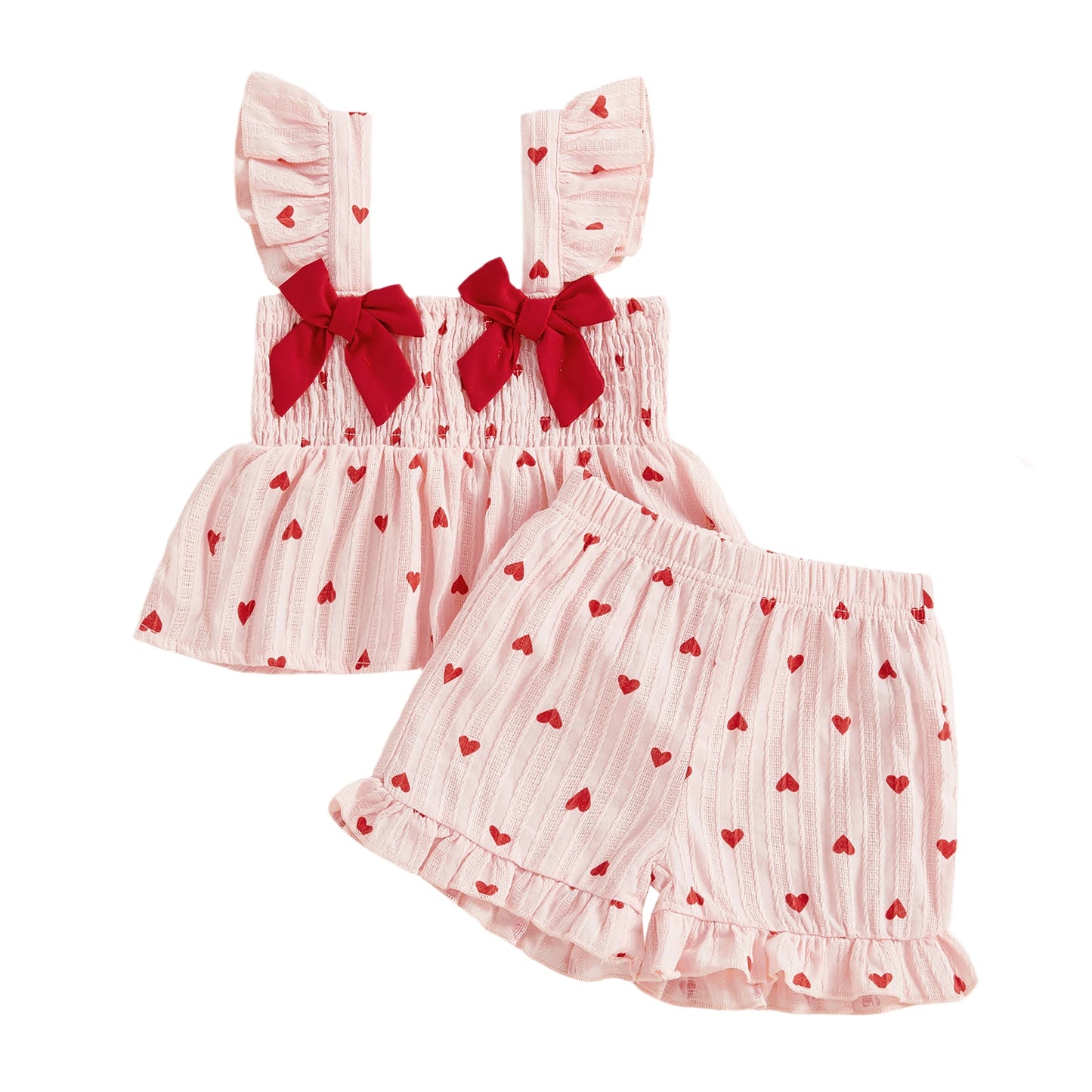 Baby Toddler Girls 2Pcs Valentine's Day Heart Print Ruffle Sleeve Tank Top and Shorts Set for a Sweet Holiday Look