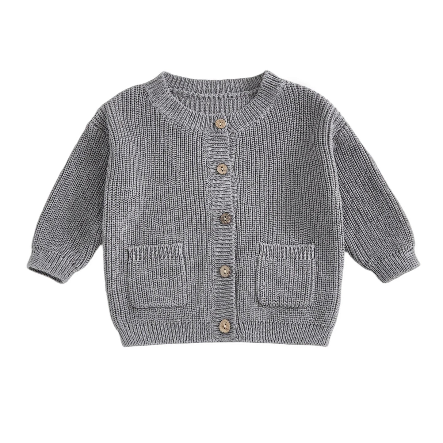 Baby Toddler Girls Boys Knit Cardigan Solid Long Sleeve Crew Neck Button-up Sweater with Pockets Casual Fall Clothes Top