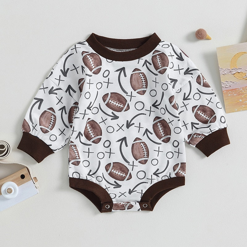 Baby Boy Girl Fall Bodysuit Long Sleeve Round Neck Football Print Jumpsuit Romper