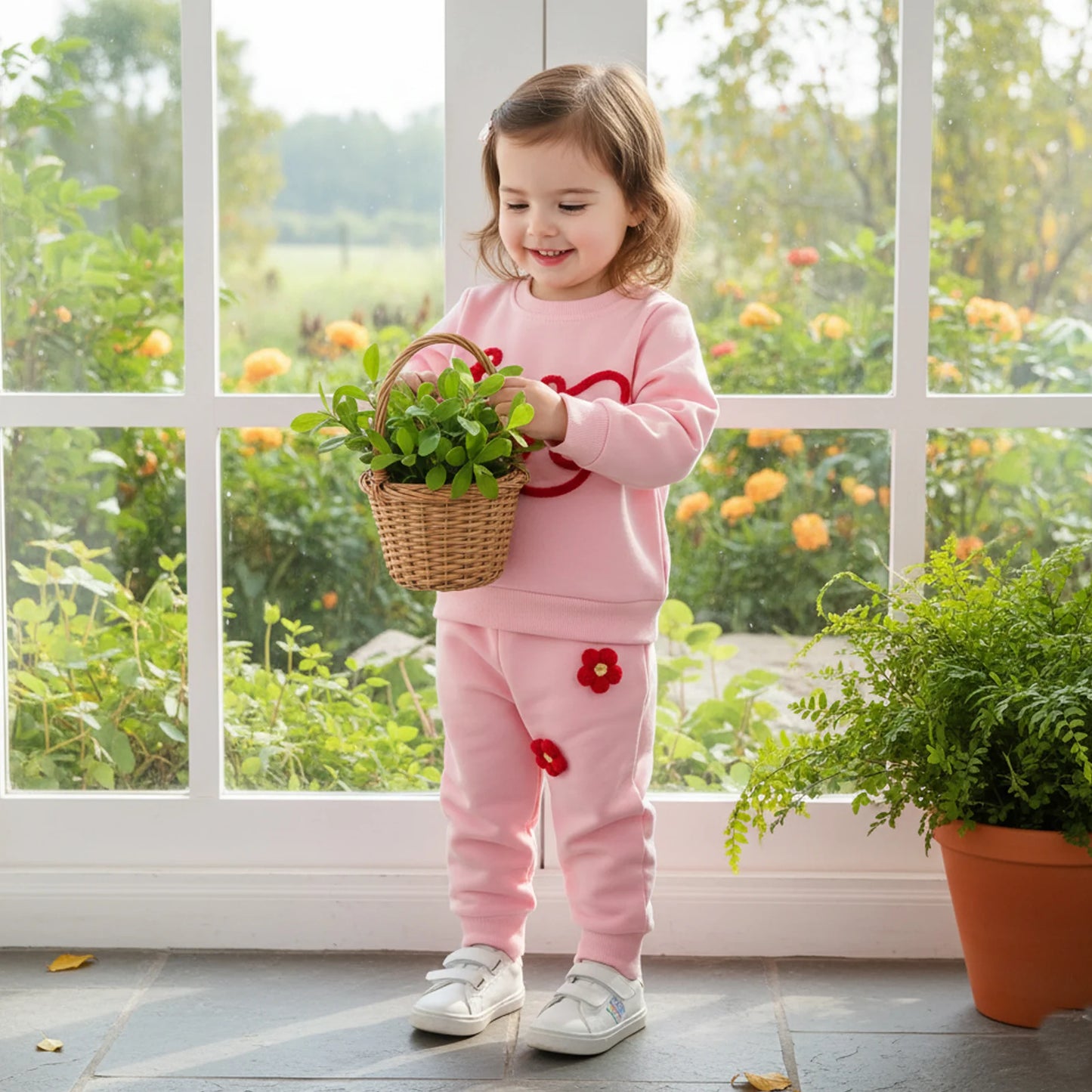 Baby Toddler Girls 2Pcs Valentine's Day Clothes Long Sleeve Crew Neck 3D Crochet Flower Love Decor Top and Pants Jogger Set