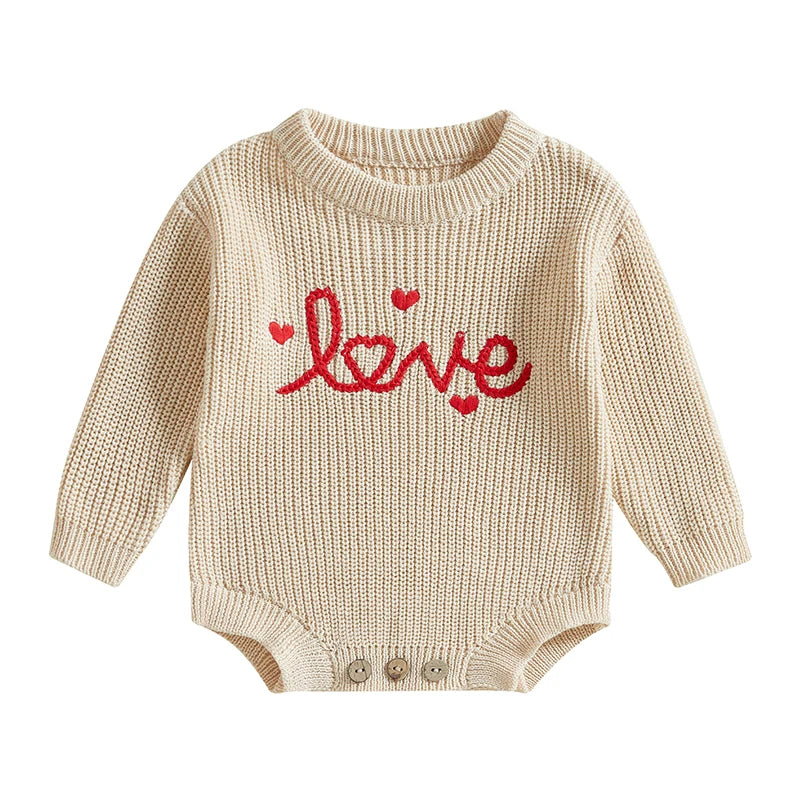 Baby Girl Boy Love Valentine’s Day Romper Long Sleeve O-Neck Letter Embroidery Knit Jumpsuit Sweater Bodysuit