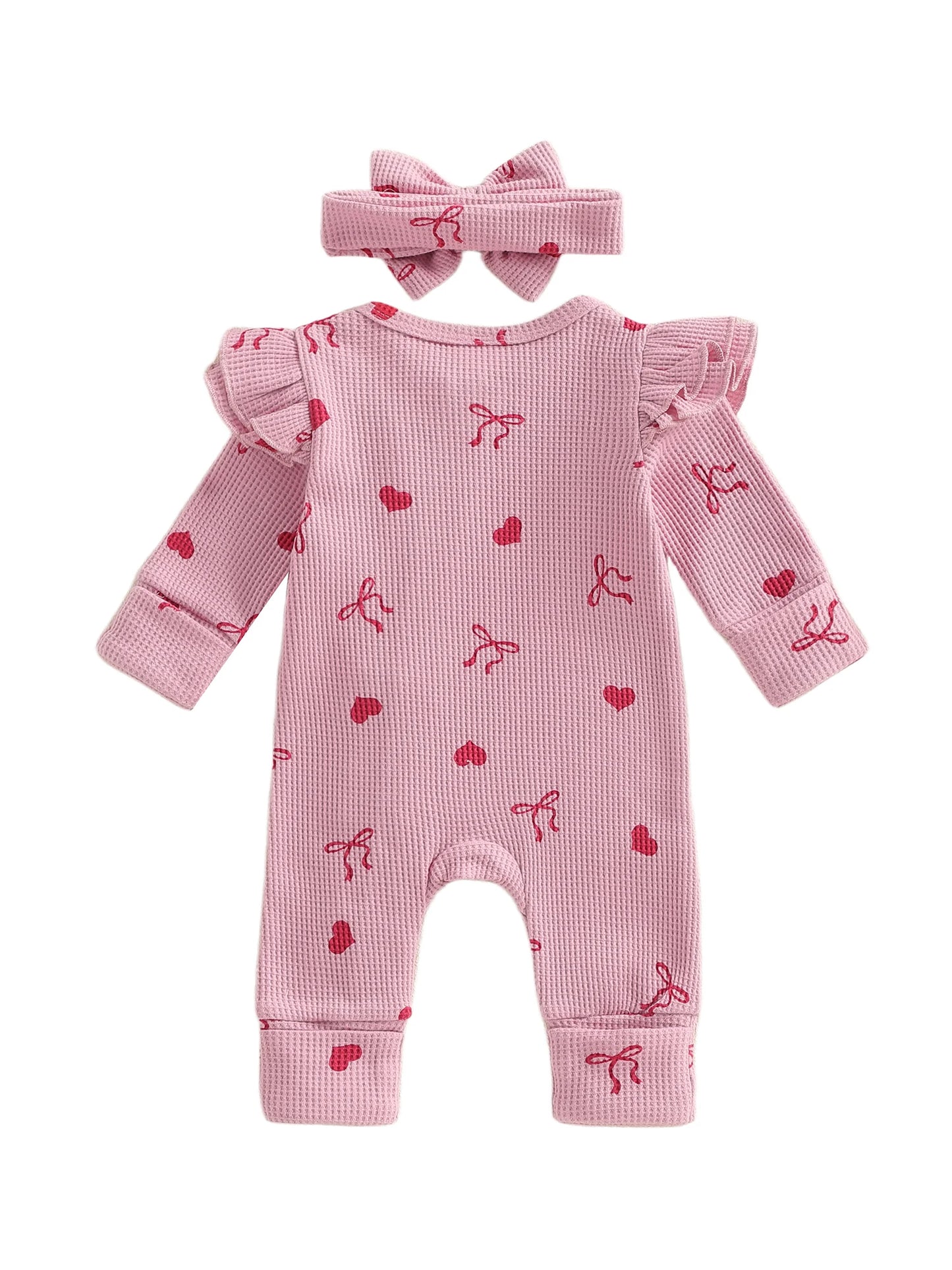 Baby Girls 2Pcs Valentine's Day Romper Outfit Heart Print Ruffle Long Sleeve Jumpsuits Bow Headband Set