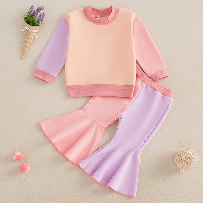 Baby Toddler Girls 2Pcs Fall Set Long Sleeve Crewneck Contrast Color Top Flared Pants Set Outfit