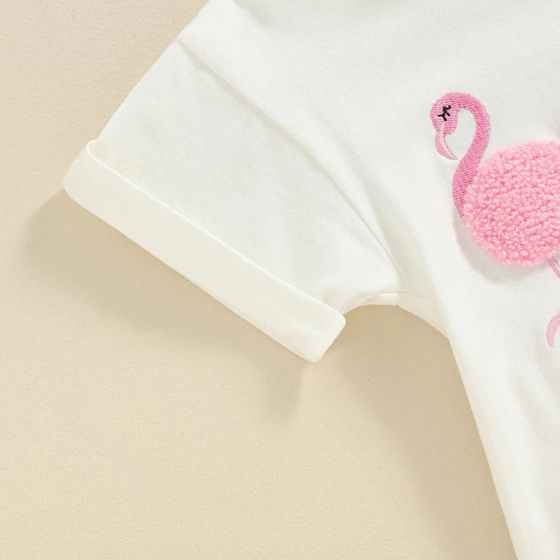 Baby Girl Short Sleeve Flamingo Embroidery Romper Jumpsuit