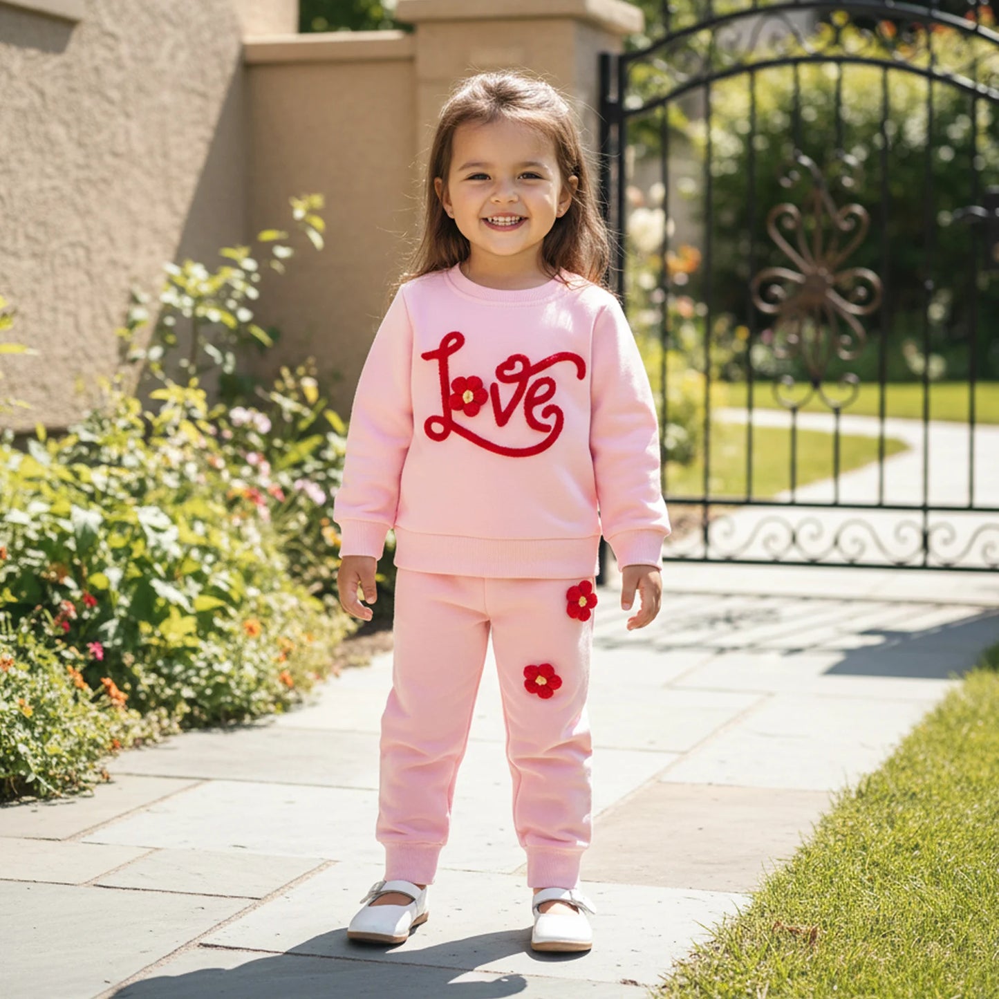 Baby Toddler Girls 2Pcs Valentine's Day Clothes Long Sleeve Crew Neck 3D Crochet Flower Love Decor Top and Pants Jogger Set