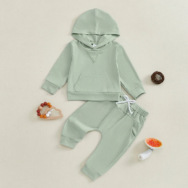 Baby Toddler Boys Girls Fall Outfit Ribbed Long Sleeve Hooded Top and Elastic Waist Pants Jogger Set