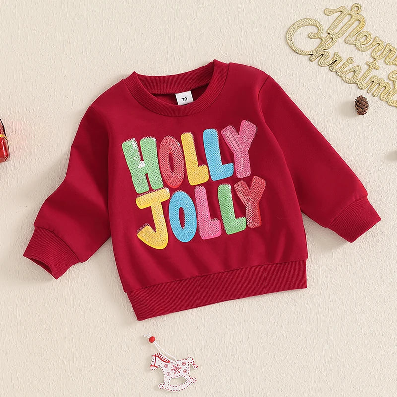 Baby Toddler Kids Boys Girls Holly Jolly Christmas Long Sleeve O Neck Sequins Letter Embroidery Pullover Top