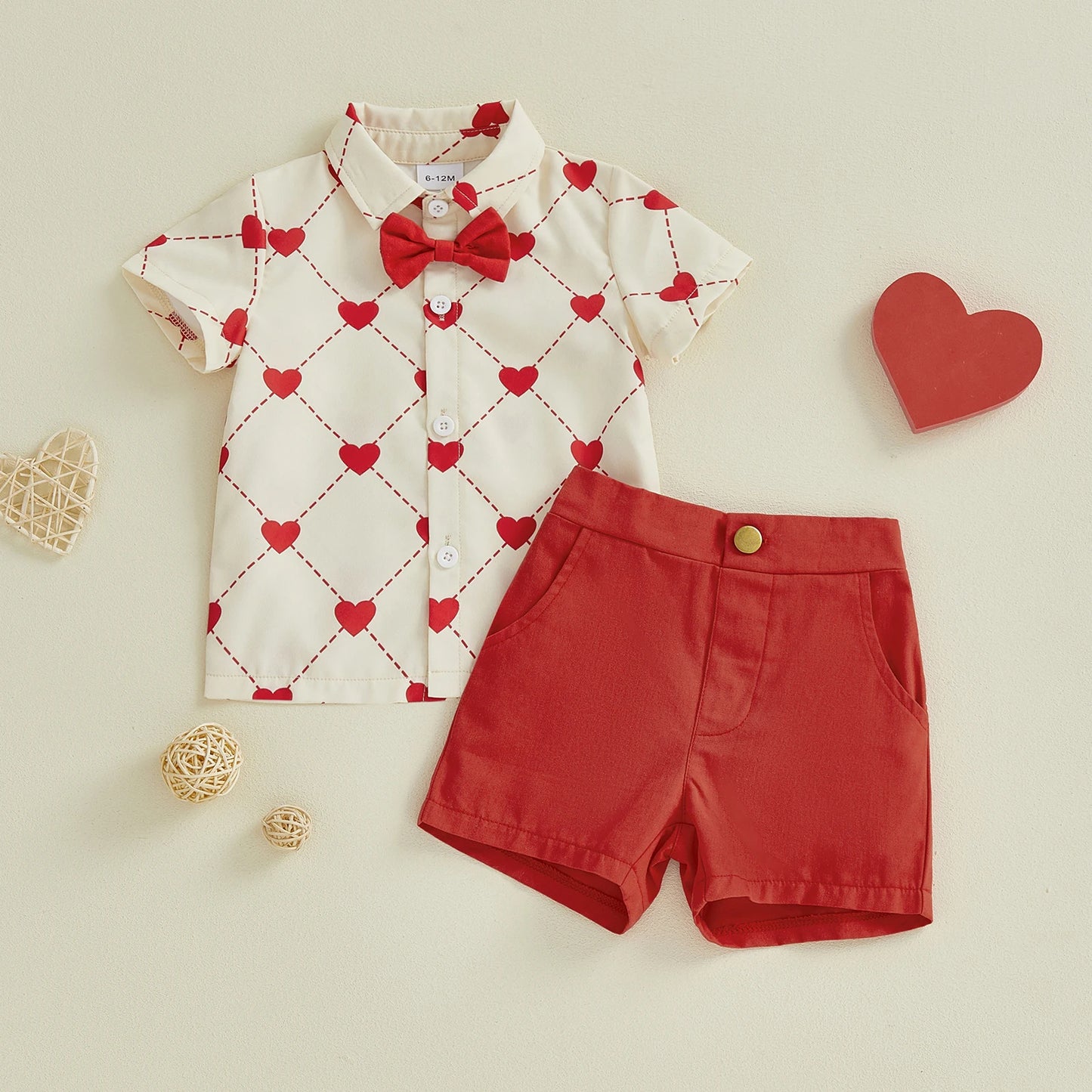 Baby Toddler Boys 2Pcs Valentine's Day Outfit Heart Short Sleeve Bowtie Shirt and Solid Shorts 2 Piece Set