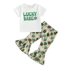 Load image into Gallery viewer, Toddler Kids Girl 2Pcs St. Patrick&#39;s Day Outfits Short Sleeve Lucky Babe Letter Print T-Shirt + Flare Clover Print Pants Set
