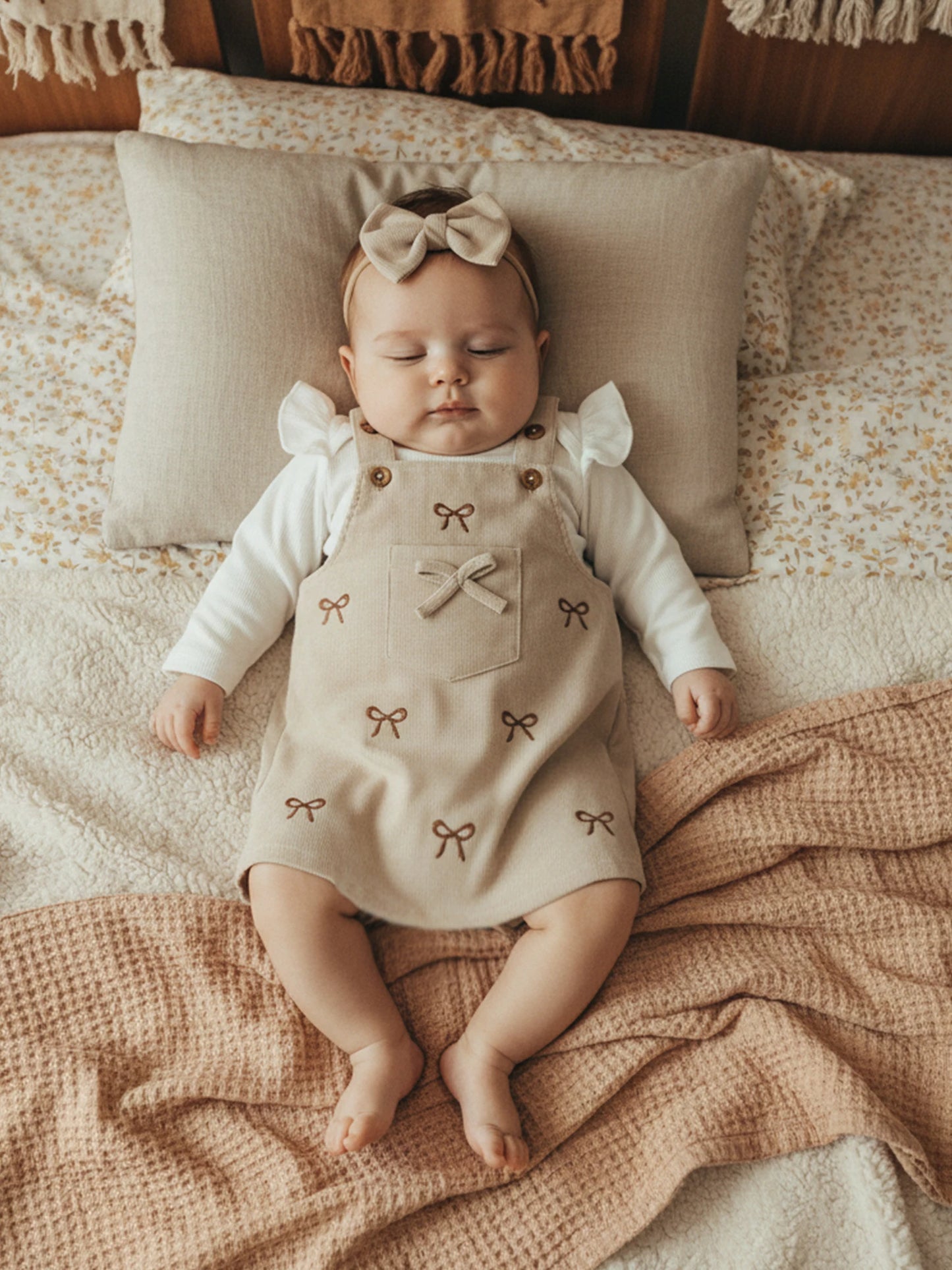 Baby Girls 3Pcs Outfit Ruffle Long Sleeve Crew Neck Romper Overall Bow Dress and Headband Set