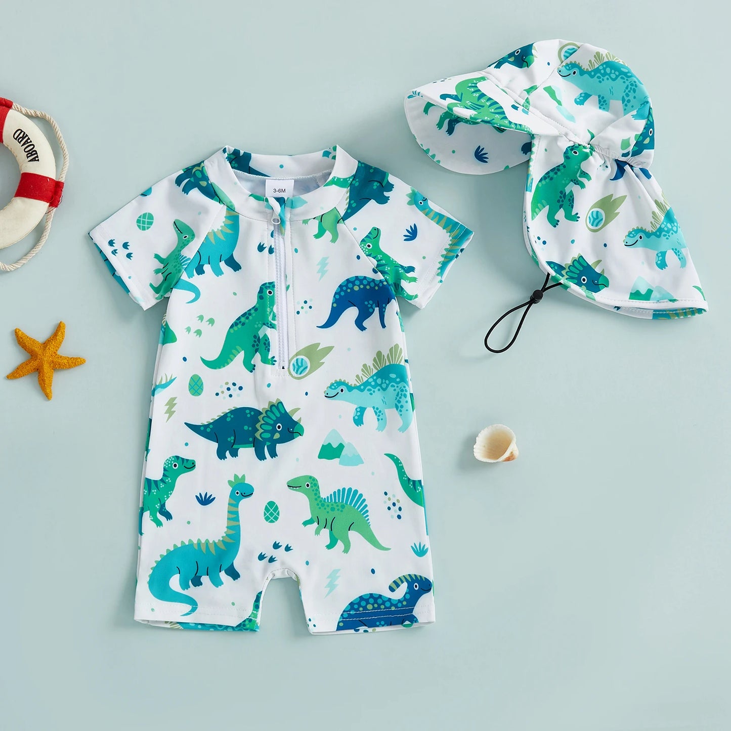 Toddler Kids Boys 2Pcs Swimsuit Set Dinosaur Print Crew Neck Short Sleeve Upper Zipper Rash Guard Swimwear and Sun Hat