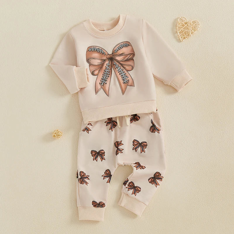 Baby Toddler Girls 2Pcs Fall Outfit Football / Baseball Bow Print Long Sleeve Crewneck Top and Elastic Pants Jogger Set