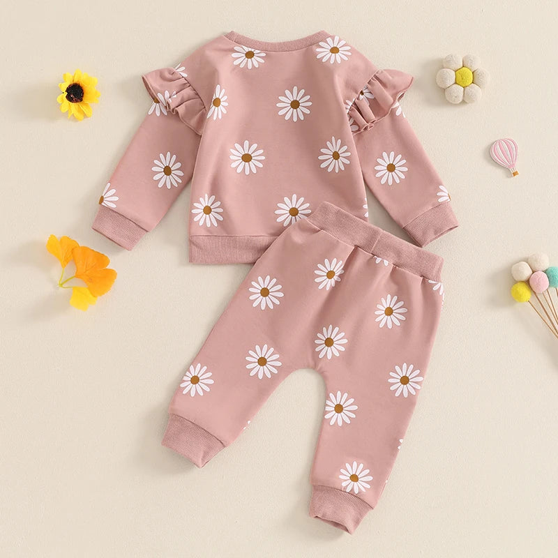 Baby Toddler Girls 2Pcs Fall Outfit Daisy Flower Print Long Sleeve Top with Elastic Waist Pants Set