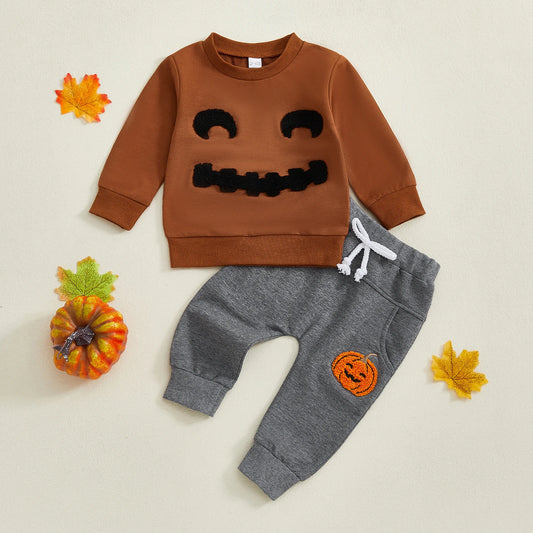 Baby Toddler Boy 2Pcs Halloween Outfit Long Sleeve Top Pumpkin Embroidery Pants Set Toddler Clothes