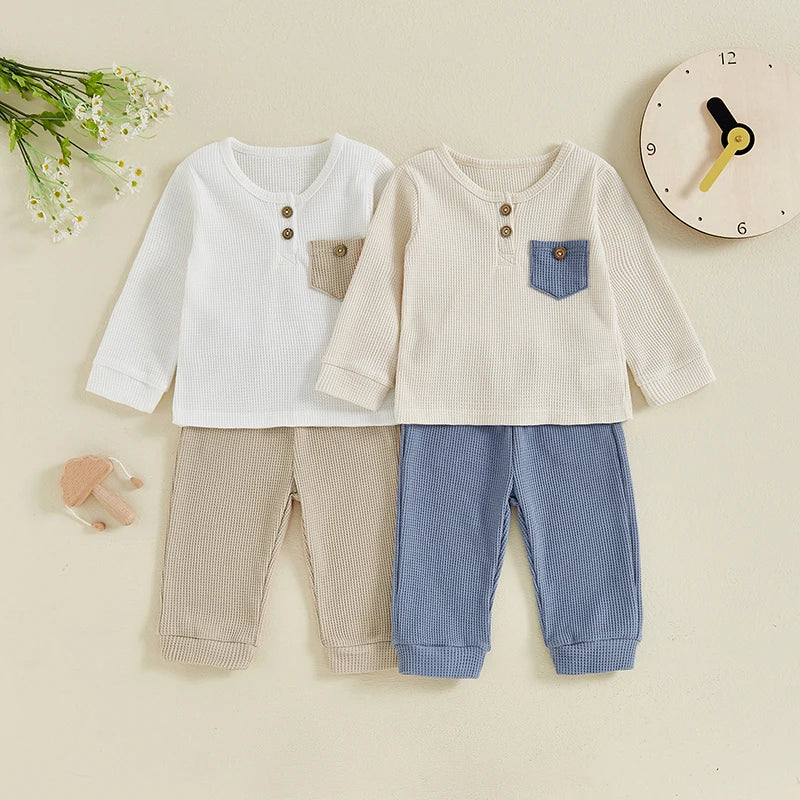 Baby Toddler Boy 2Pcs Outfit Long Sleeve Waffle Pocket Button Top + Pants Set