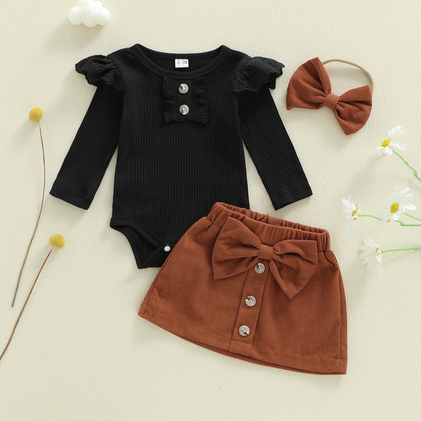 Baby Girls 3Pcs Outfit Long Sleeve Romper with Mini Skirt Bowknot Headband Fall Set