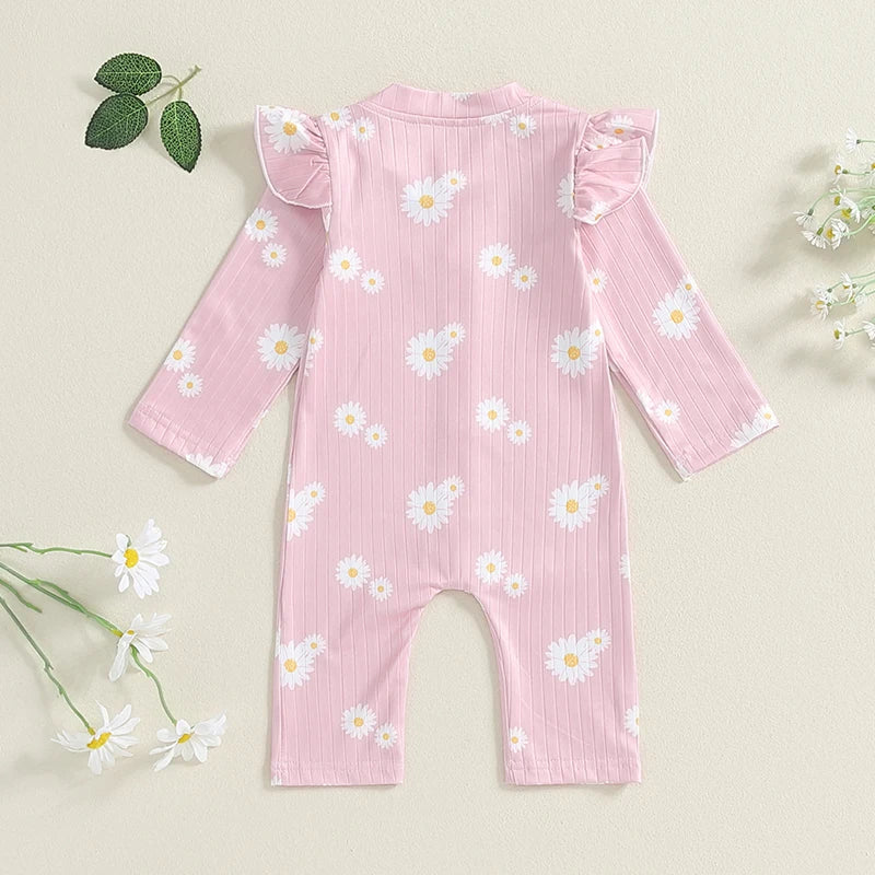 Baby Girls Button Romper Daisy Flower Print Ruffles Long Sleeve Jumpsuit