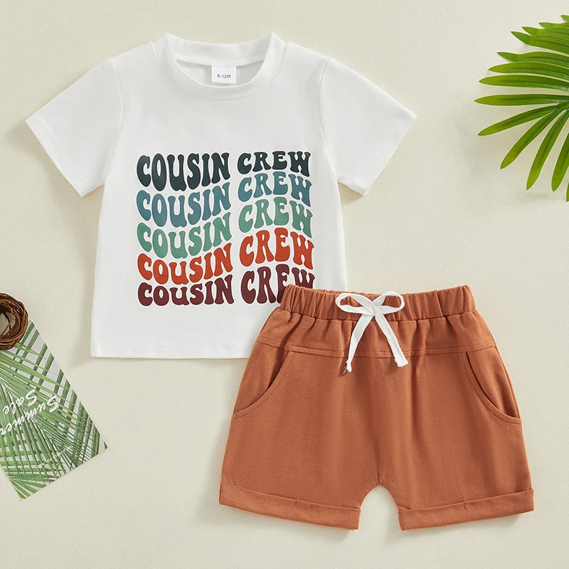 Toddler Baby Girl Boy 2Pcs Cousin Crew Summer Outfits O-Neck Short Sleeve Letter Print Top + Elastic Waist Shorts Set Matching Family Cousins