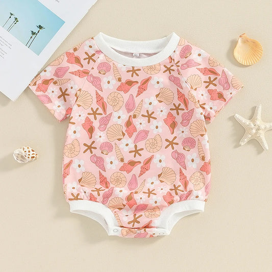 Baby Girls Casual Romper Pink Short Sleeve Crewneck Seashell Print Jumpsuit Bodysuit