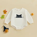 Baby Girls Boys Bubble Romper Long Sleeve Crew Neck Cat Print Fall Halloween Casual Bodysuit Clothes