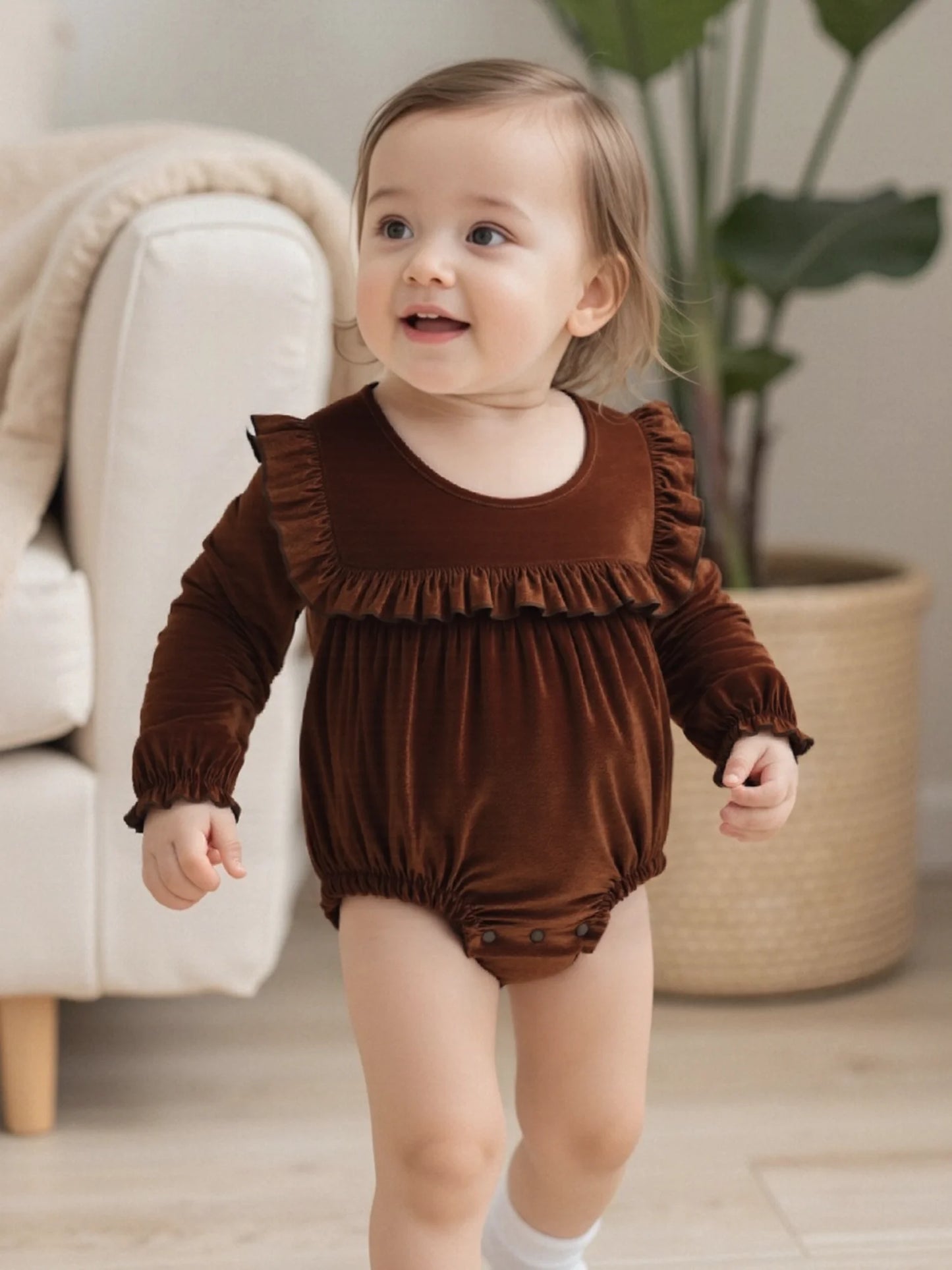 Baby Girls Velvet Romper Solid Color Ruffled Round Neck Long Sleeve Bubble Jumpsuit