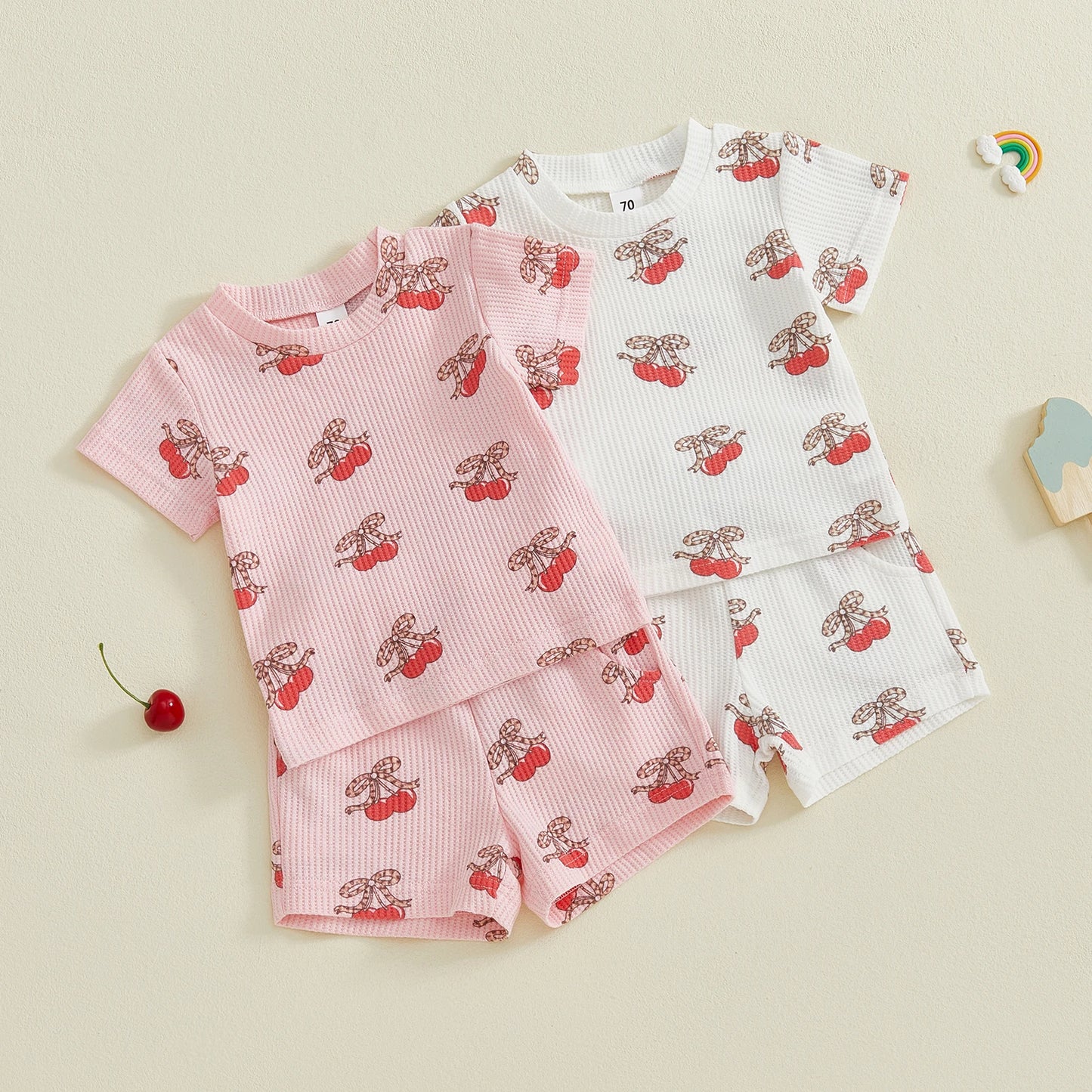 Baby Toddler Girls 2Pcs Outfits Fashionable Bow Cherry Print Short Sleeve Round Neck Top and Shorts Set