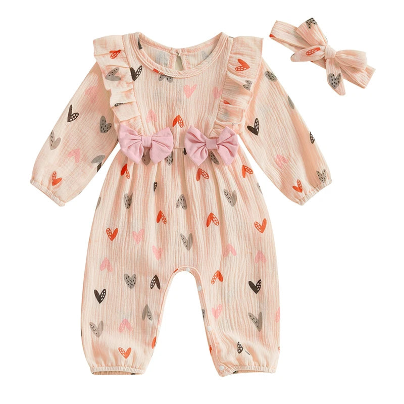 Baby Girls 2Pcs Valentine’s Day Outfit Long Sleeve Heart Print Ruffle Jumpsuit with Headband Set Valentines