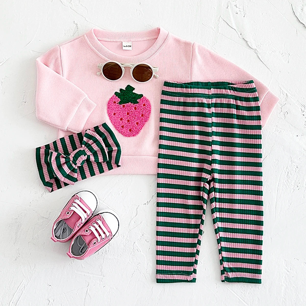 Baby Toddler Girls 3Pcs Set Strawberry Pullover Top Cotton Striped Pants Headband Outfit