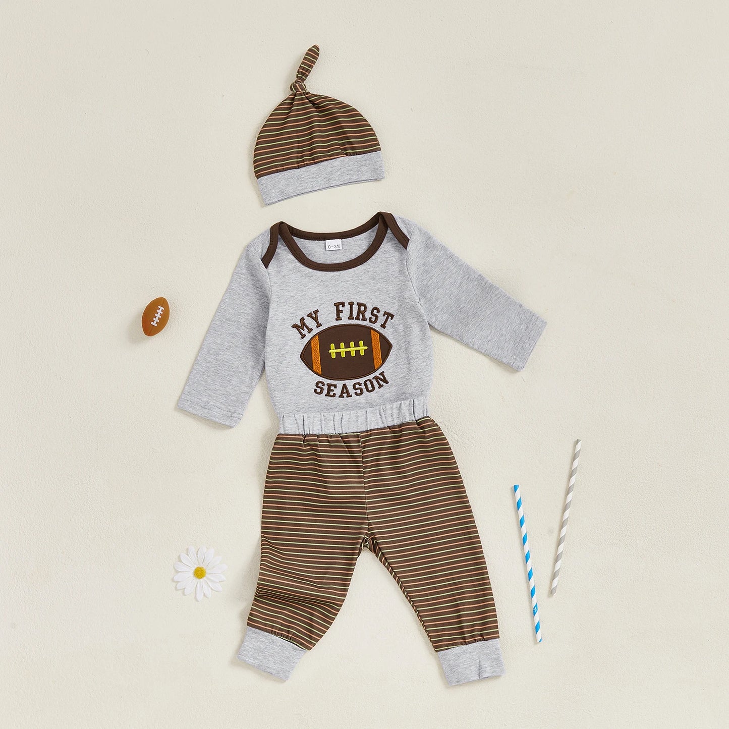 Baby Boys 3Pcs My First Football Season Fall Set Letter Embroidery Long Sleeve Romper Elastic Waist Striped Pants and Hat Outfit