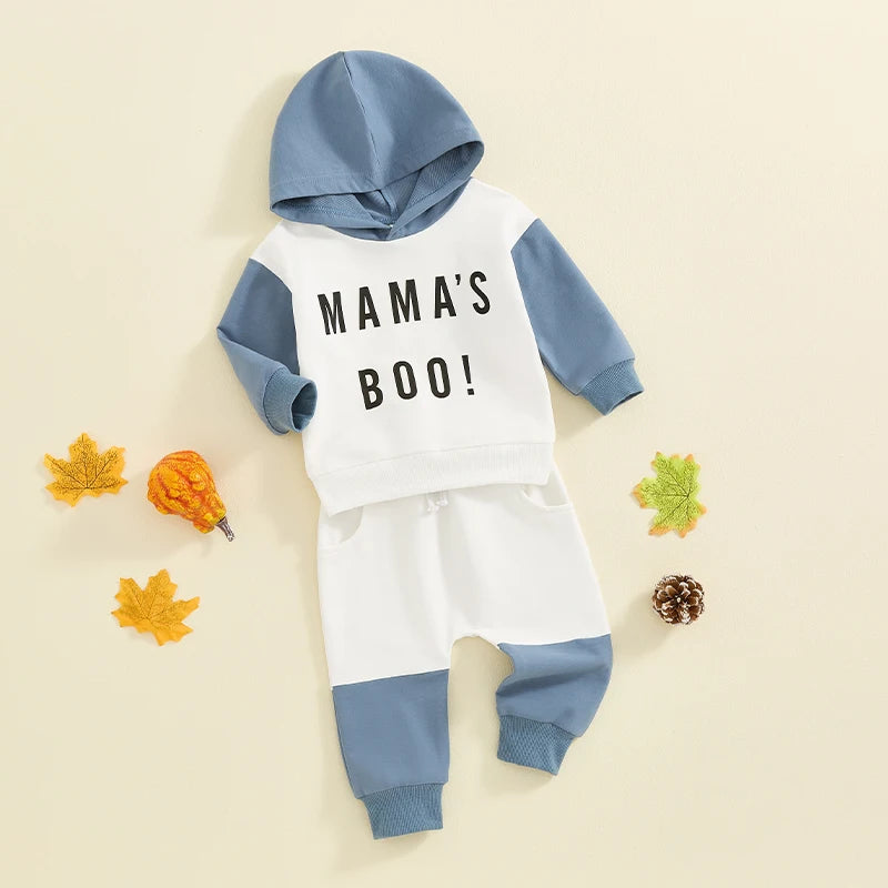 Baby Toddler Boys 2Pcs Mama's Boy Fall Outfit Letter Print Contrast Color Hooded Long Sleeve Top and Long Pants Set