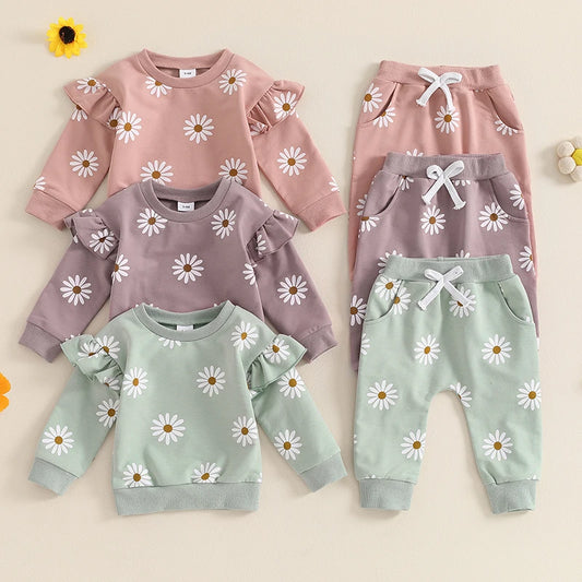 Baby Toddler Girls 2Pcs Fall Outfit Daisy Flower Print Long Sleeve Top with Elastic Waist Pants Set